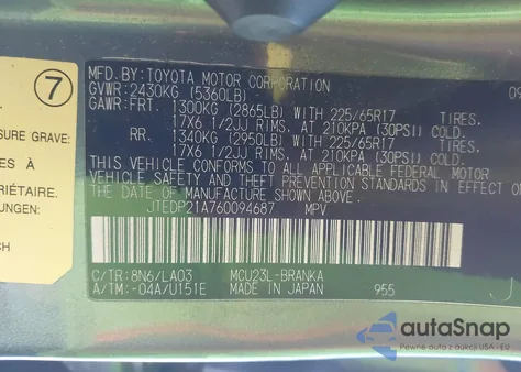 2006 Toyota Highlander Limited V6 z USA, uszkodzony, nr VIN JTEDP21A760094687